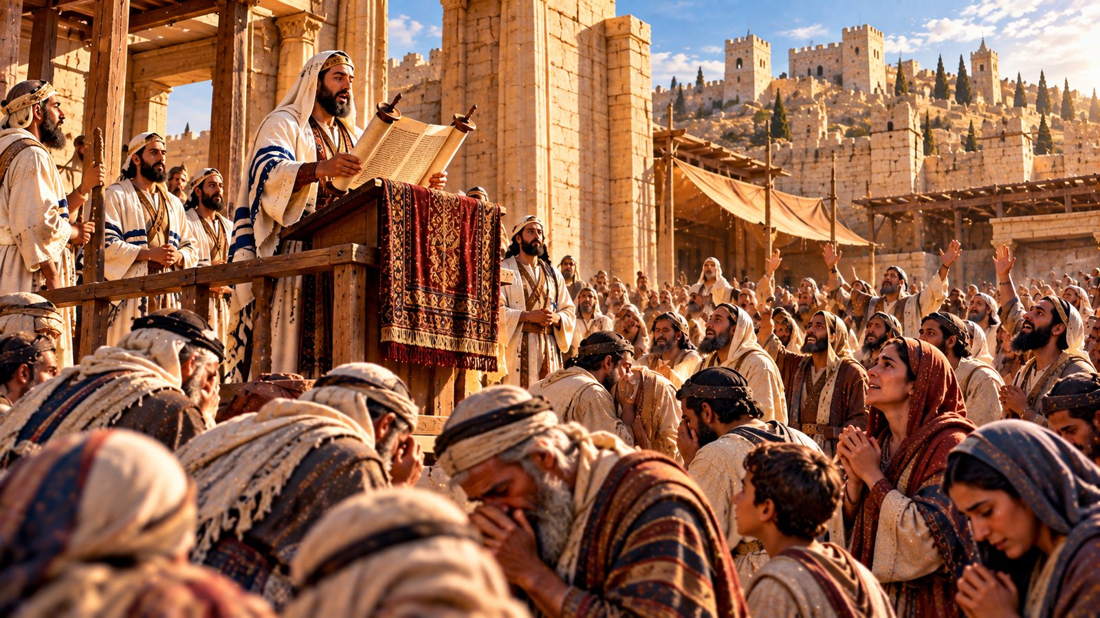 Ezra reads the Book of the Law from a wooden platform as the people of Jerusalem bow and weep (Nehemiah 8:1-9)