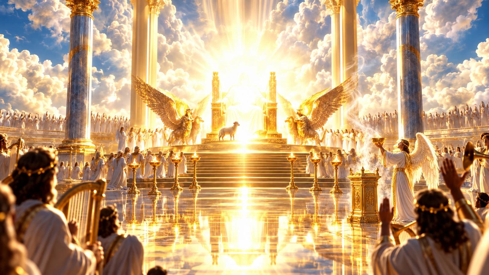 The heavenly throne room: the Lamb at the throne, the seven lamps of fire, the golden altar and elders worshiping (Revelation 4-5, 8:3)