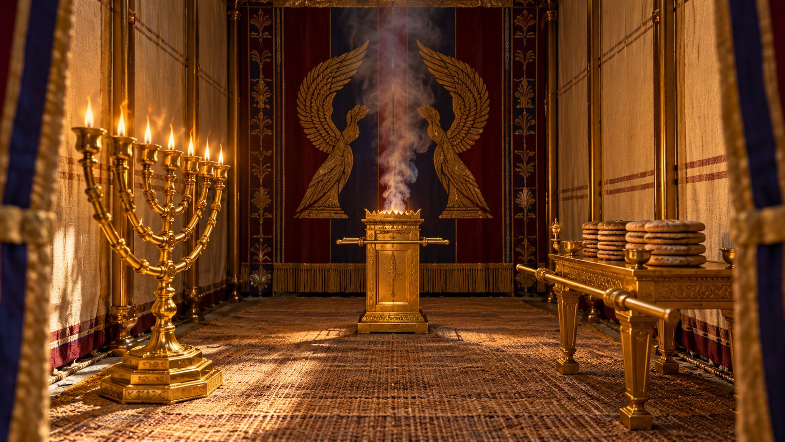 Inside the Holy Place: the golden lampstand on the south side, the table of showbread on the north, and the altar of incense before the veil embroidered with cherubim (Exodus 26 and 40)