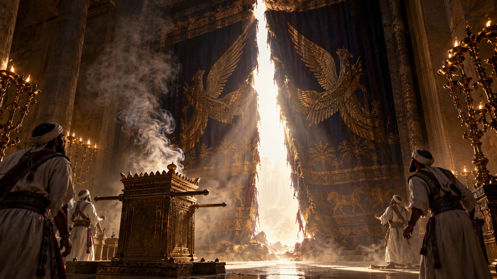 The Temple veil torn in two from top to bottom at the death of Jesus, opening the way into the Most Holy Place (Matthew 27:51; Hebrews 10:19-20)