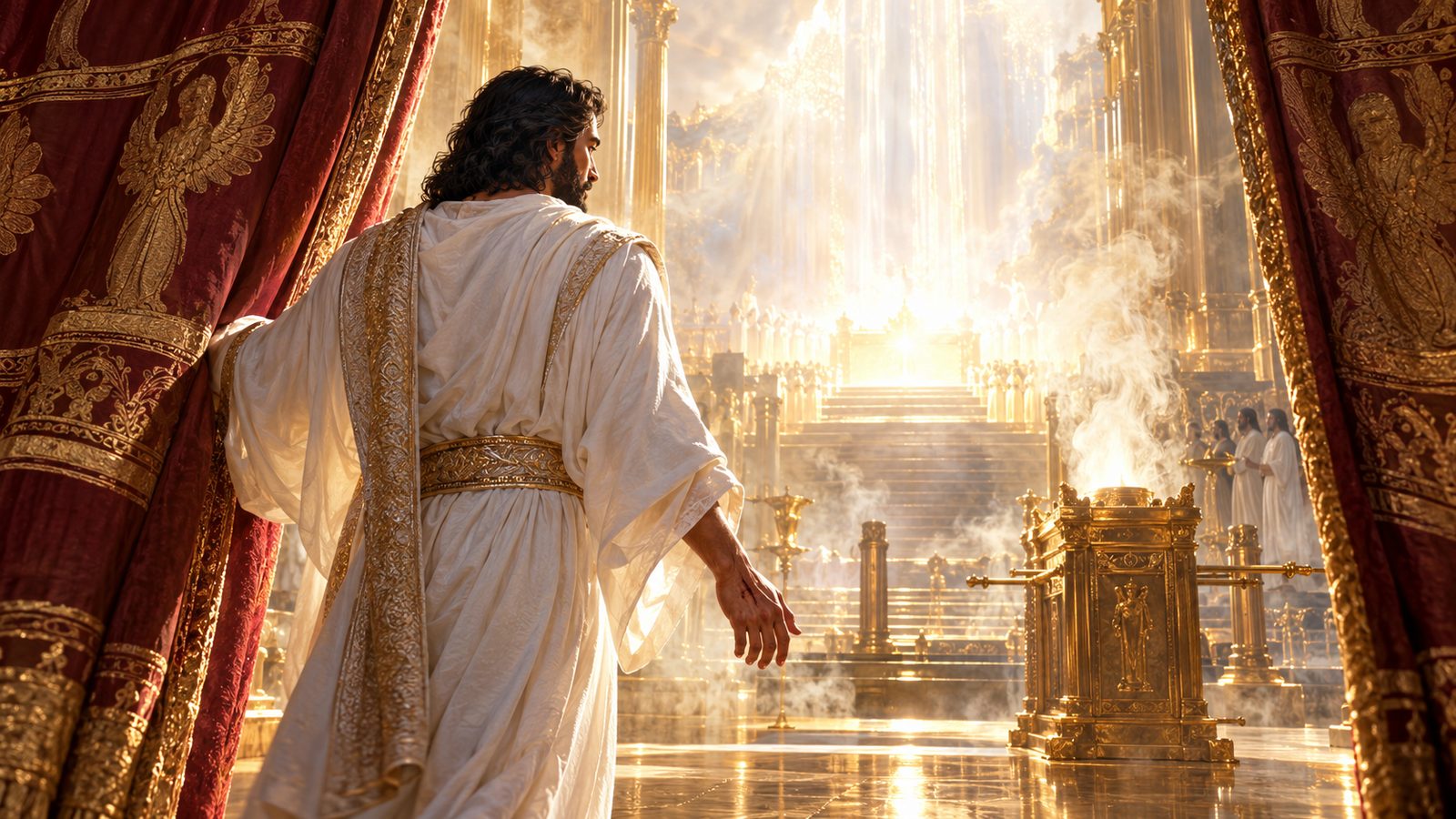Jesus, our great High Priest, entering the heavenly sanctuary past the curtain (Hebrews 9:11-12, 24)